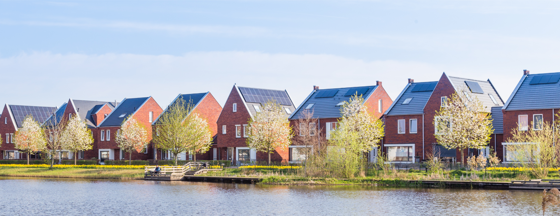 Eco-friendly homes with solar panels in a newly built dutch neighbourhood